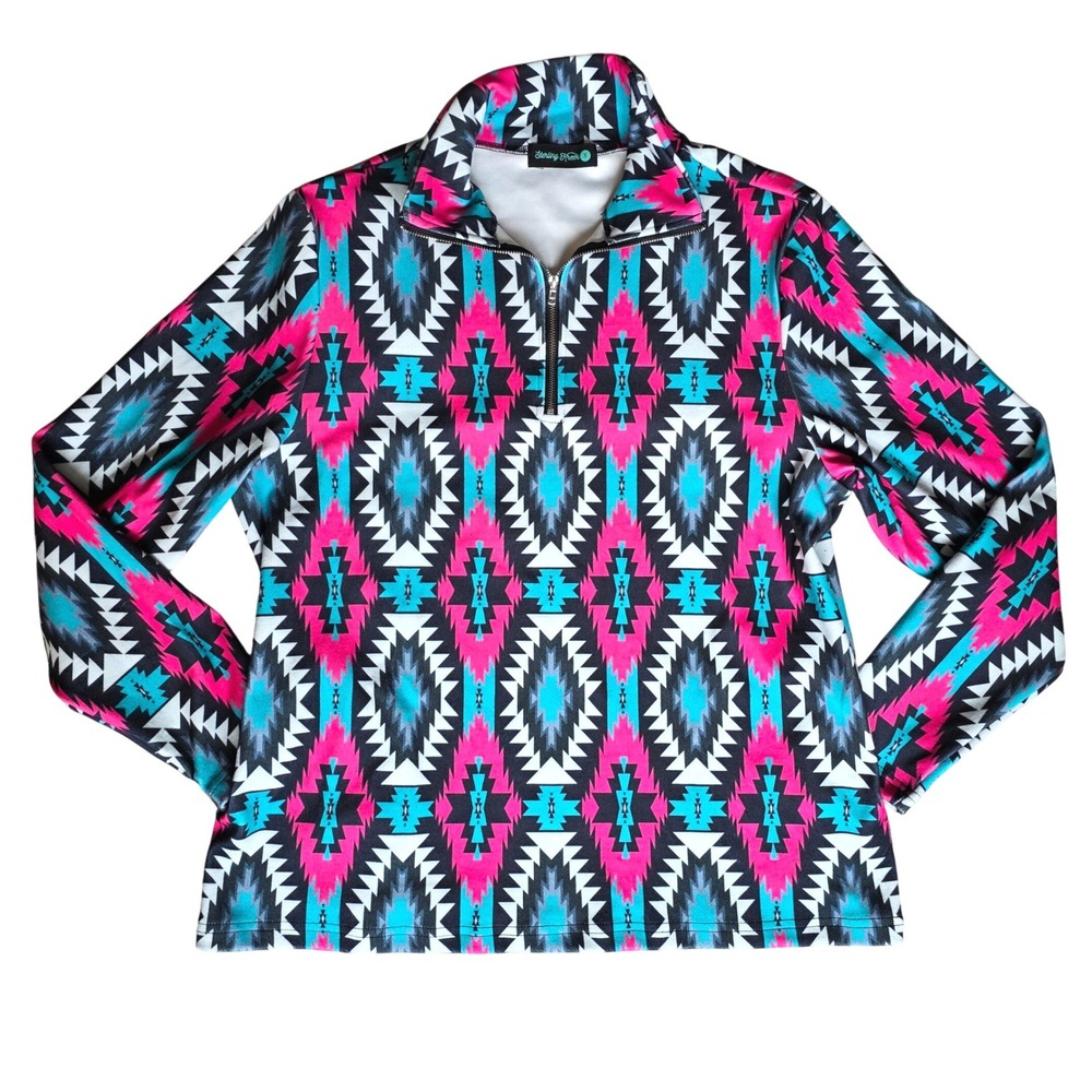 Sterling Kreek Montezuma Quarter Zip Pullover Aztec Western Small Pink Turquoise